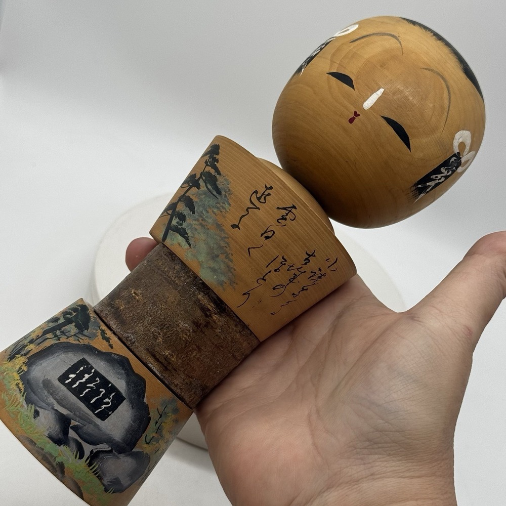 Japanese Kokeshi Doll Signed Hand Painted Wood Turned 9" Sōsaku Folk Art Vtg